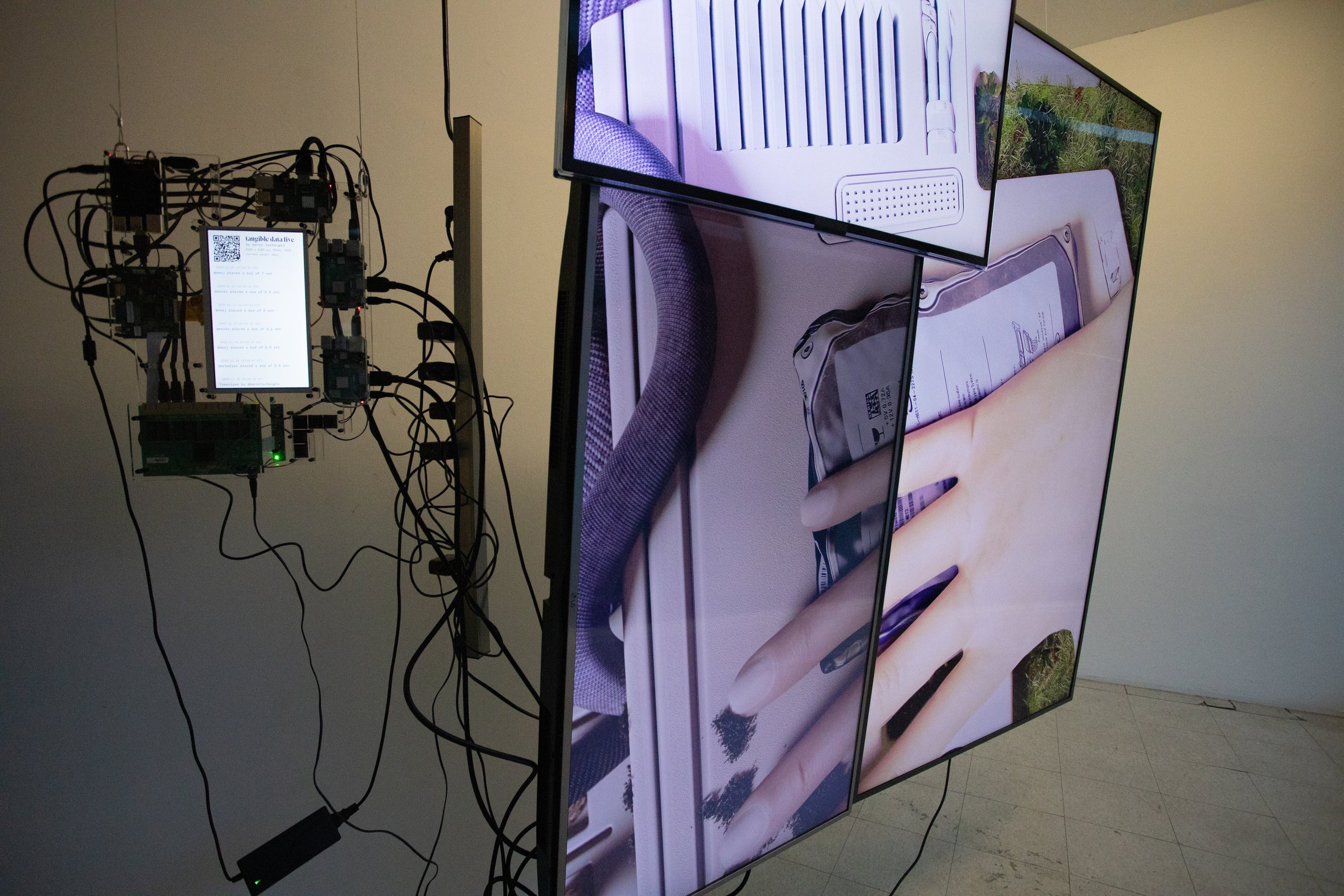 Tangible Data — gallery space with screens and electronic installations