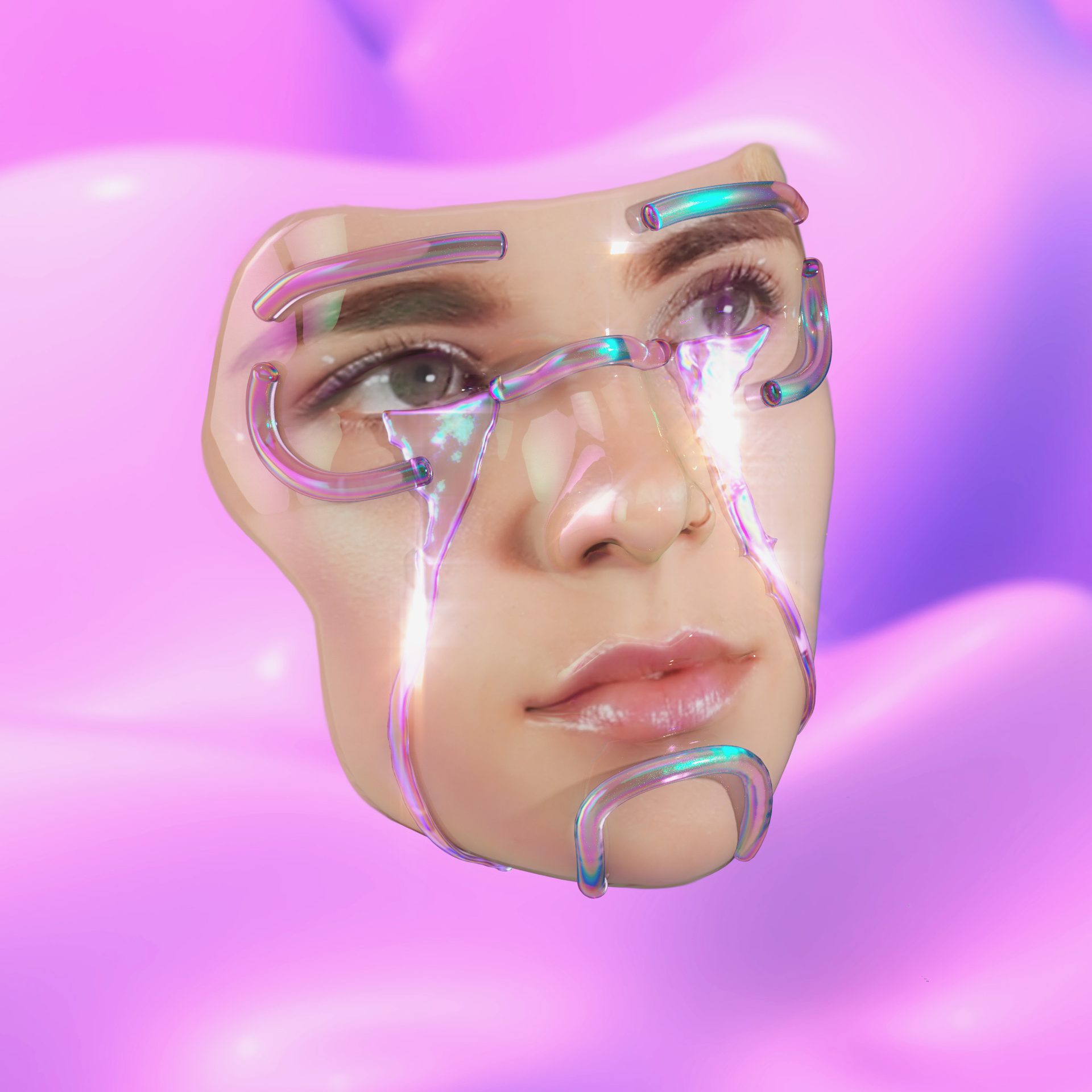 Ines Alpha — digital cosmetics portrait, face adorned with crystalline aquatic AR ornaments