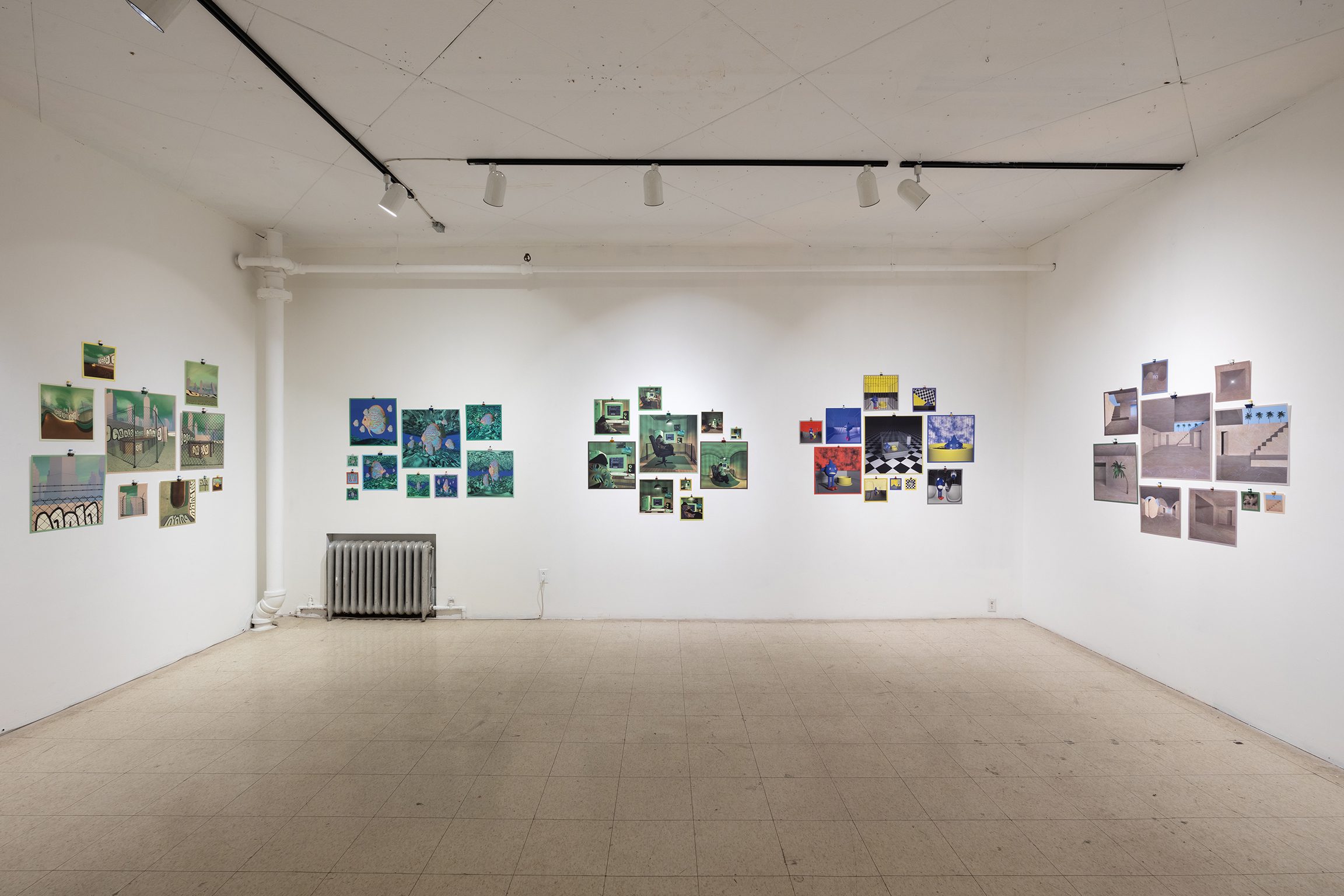 Dans la scène / In the Scene — installation view at Art Mûr, Katerine DM's 3D-generated prints with VR station