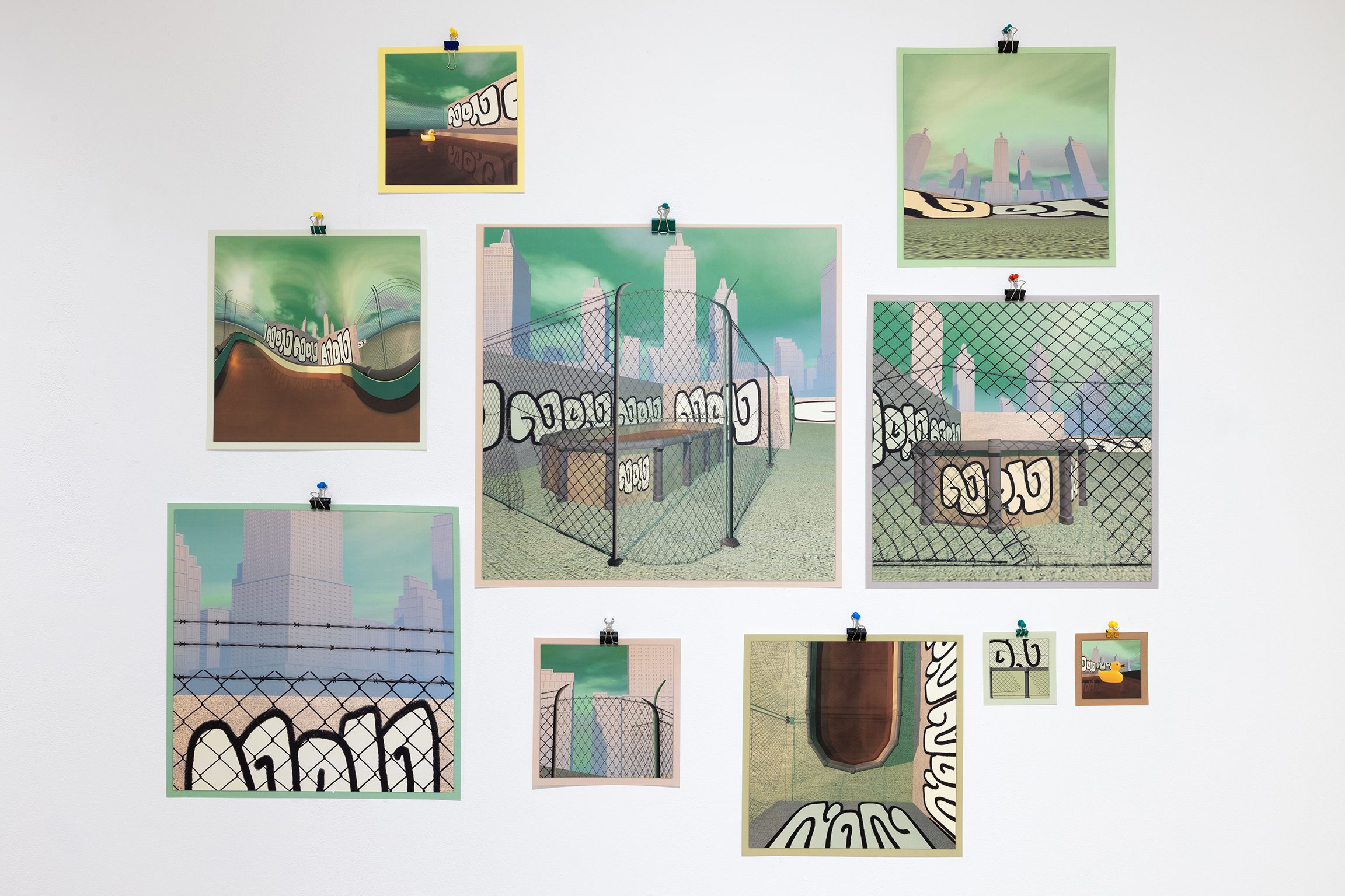 Dans la scène — installation view, prints on gallery wall with VR headset station below