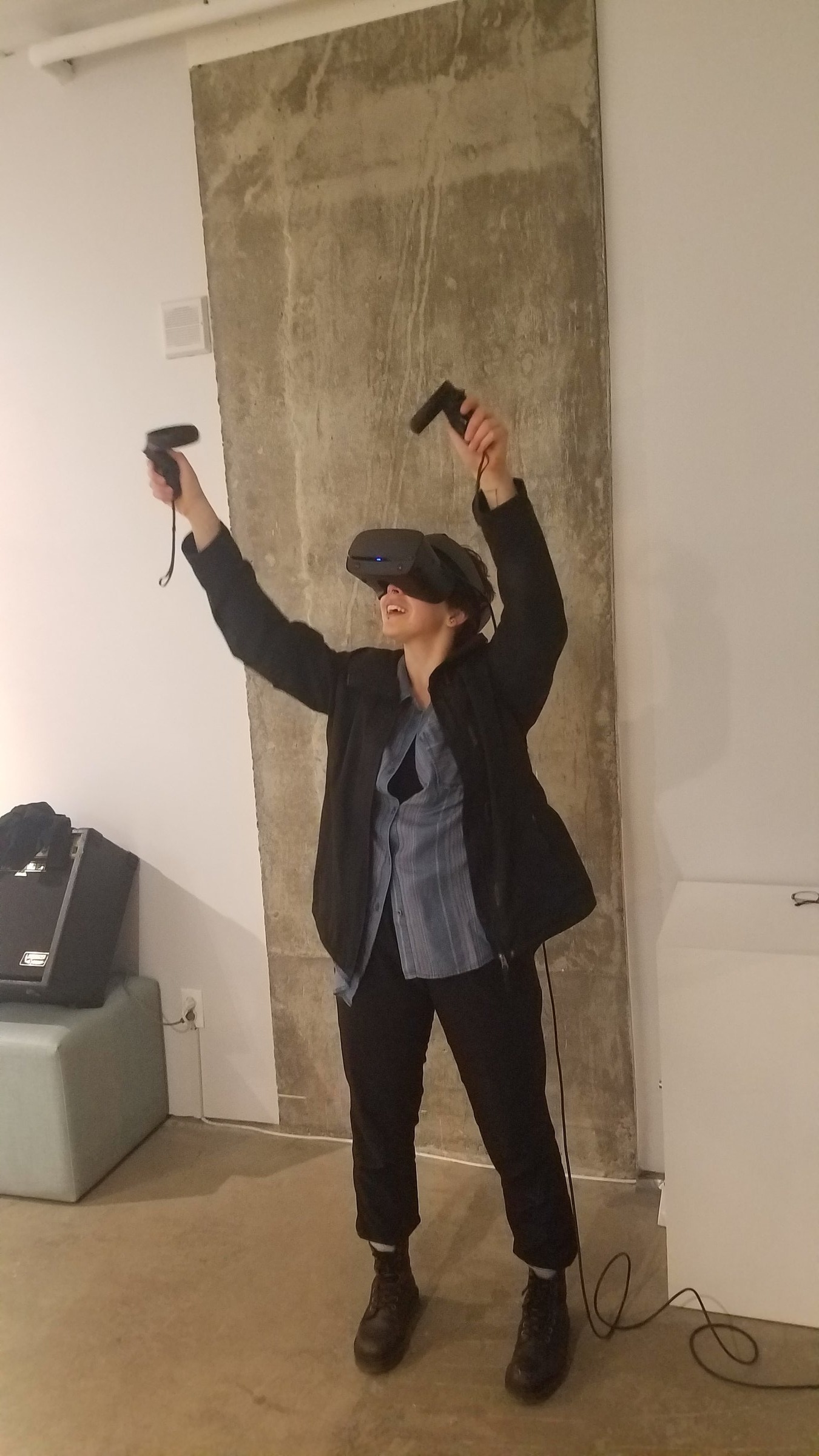 Political Archangels — visitor exploring the VR world with headset and controllers at ELLEPHANT Gallery