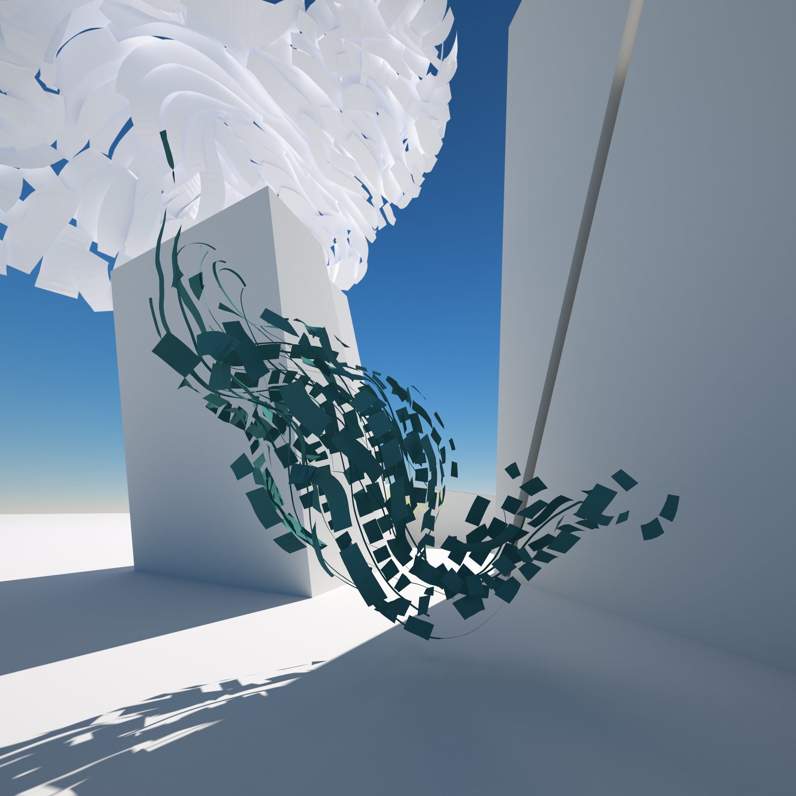 CULTVRAL Gallery — close-up of a white organic VR sculpture fracturing and disintegrating, floating fragments catching the light