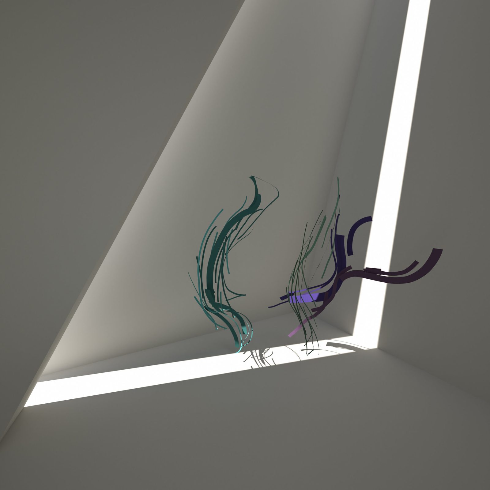 CULTVRAL Gallery — corner view with teal and purple plant-like VR art growing along a glowing light strip