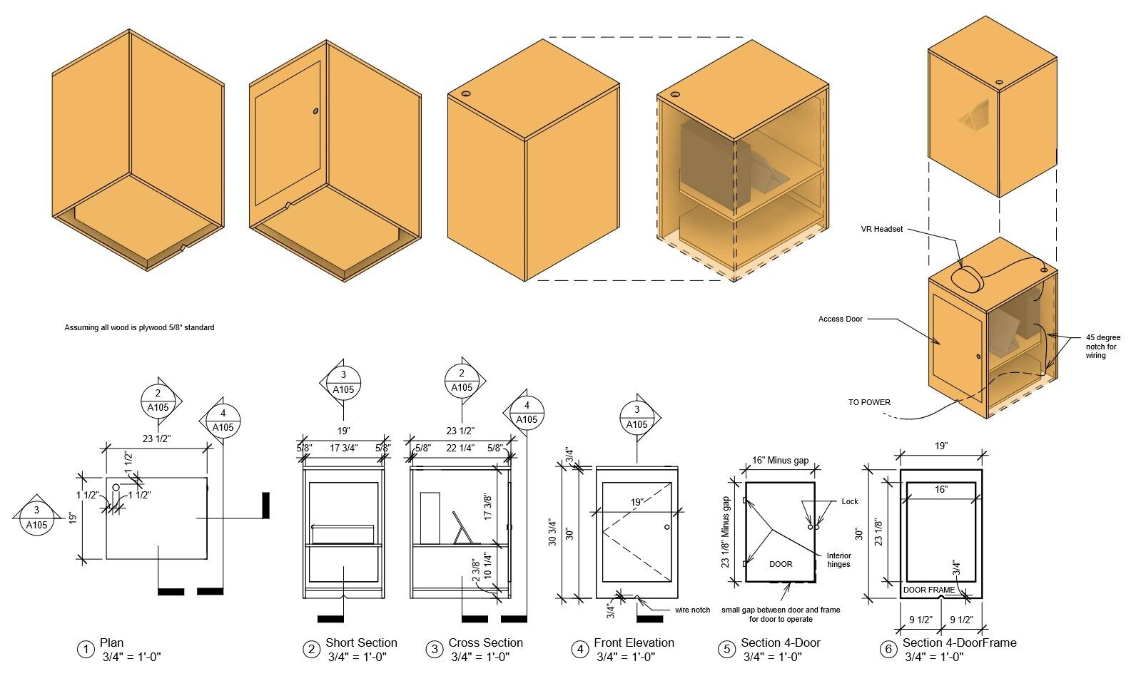 VR plinth design — technical drawings and blueprints showing the custom furniture design, exploded axonometric views and construction details