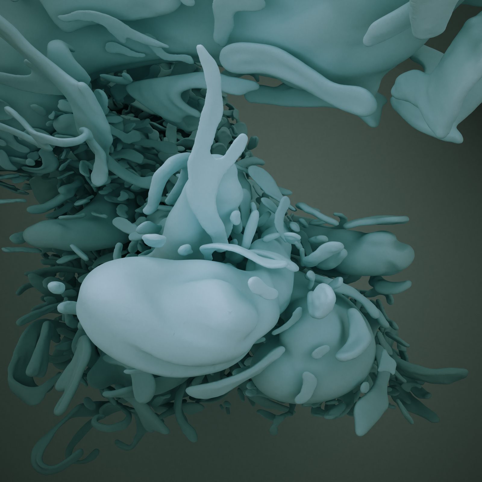 Flame — close-up detail of organic teal forms, showing the gestural quality of hand-sculpted VR surfaces