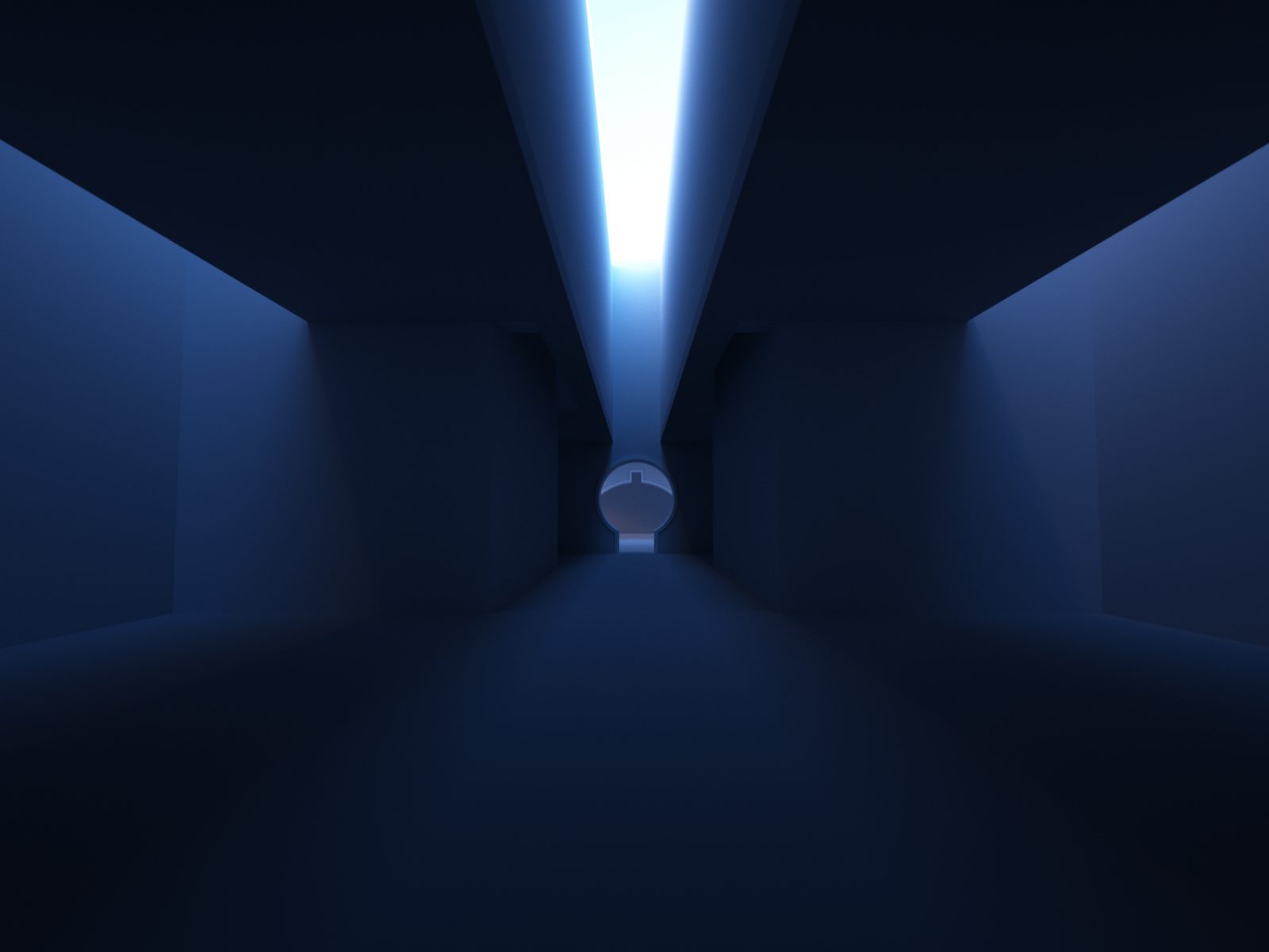 Light Gallery — dark corridor with a dramatic beam of light streaming from above, deep blue