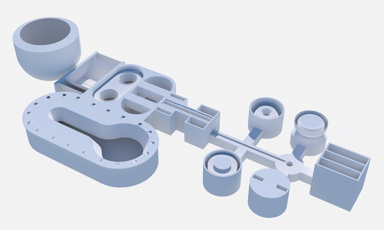 Light Gallery — 3D plan view showing the modular gallery system, exploded axonometric of interconnected rooms, corridors, and domed spaces rendered in white