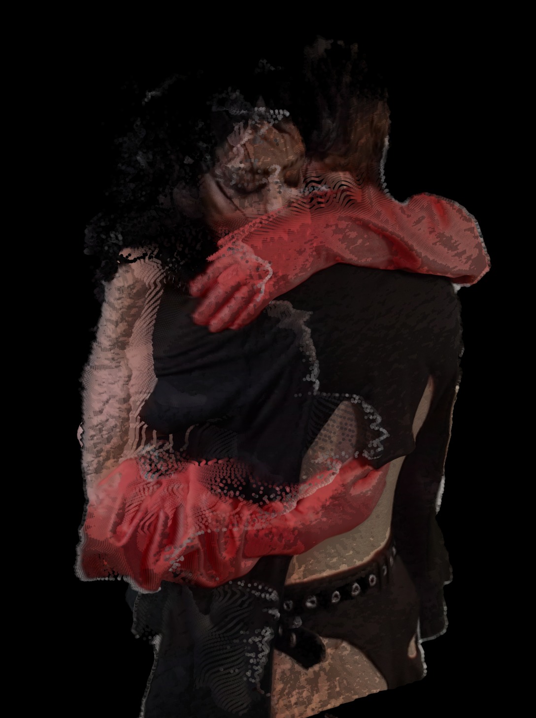3D Meta Love — two figures embracing, 3D scanned with red gloves and distorted point cloud