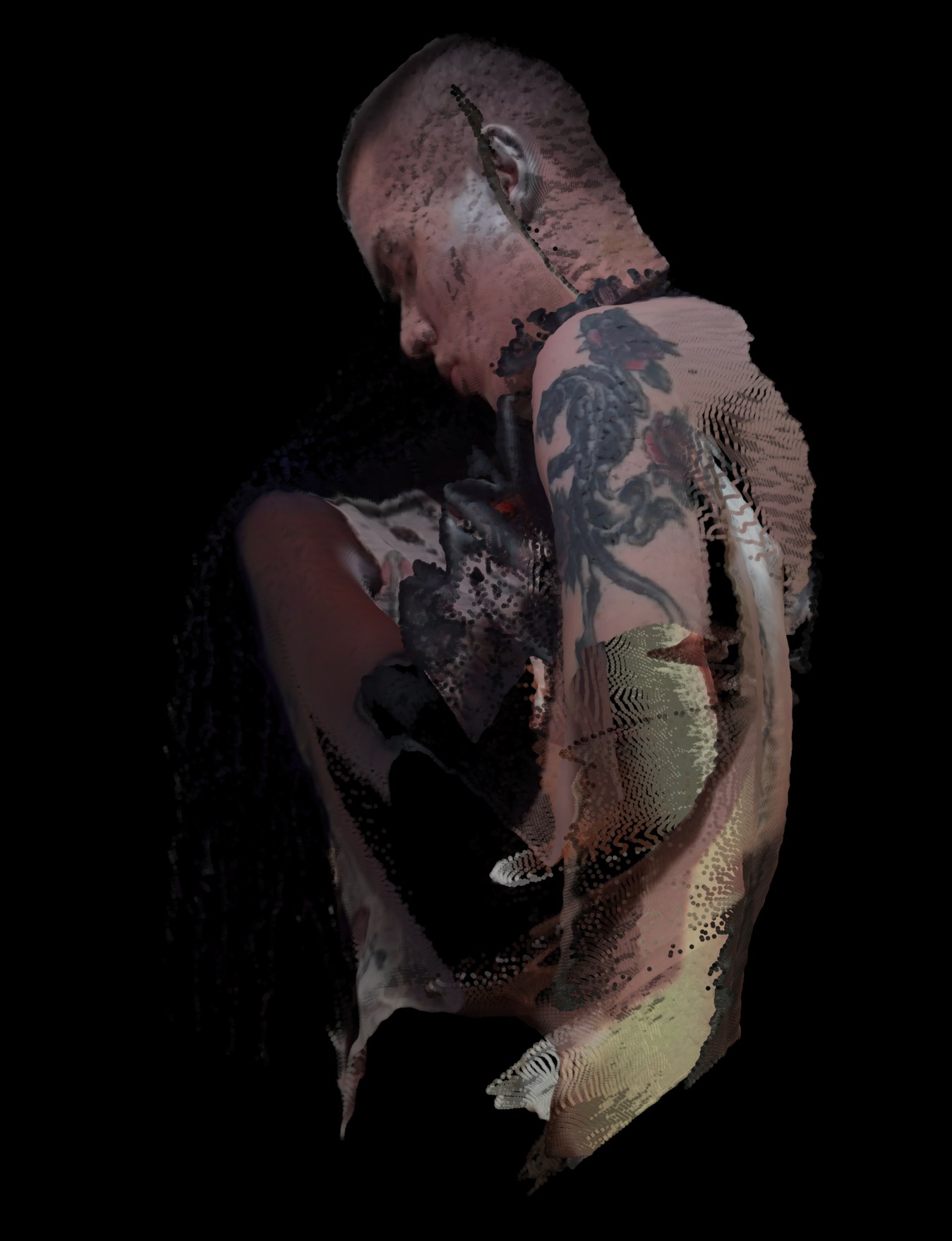3D Meta Love — intimate embrace, skin and tattoo visible through scan artifacts