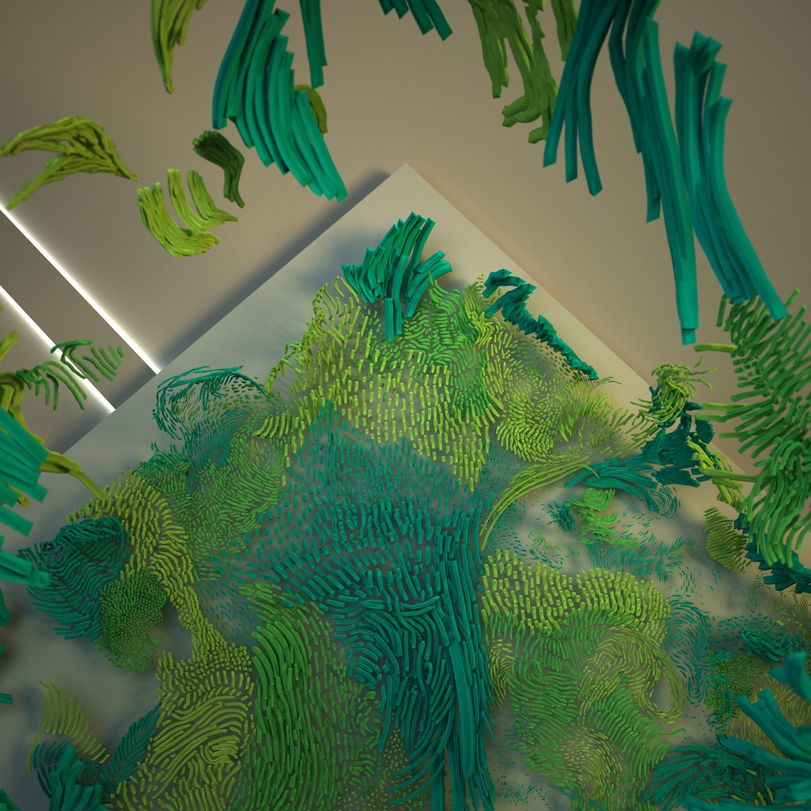 OASIS — close corner view showing the garden texture in detail, green and teal forms pressing against the room walls