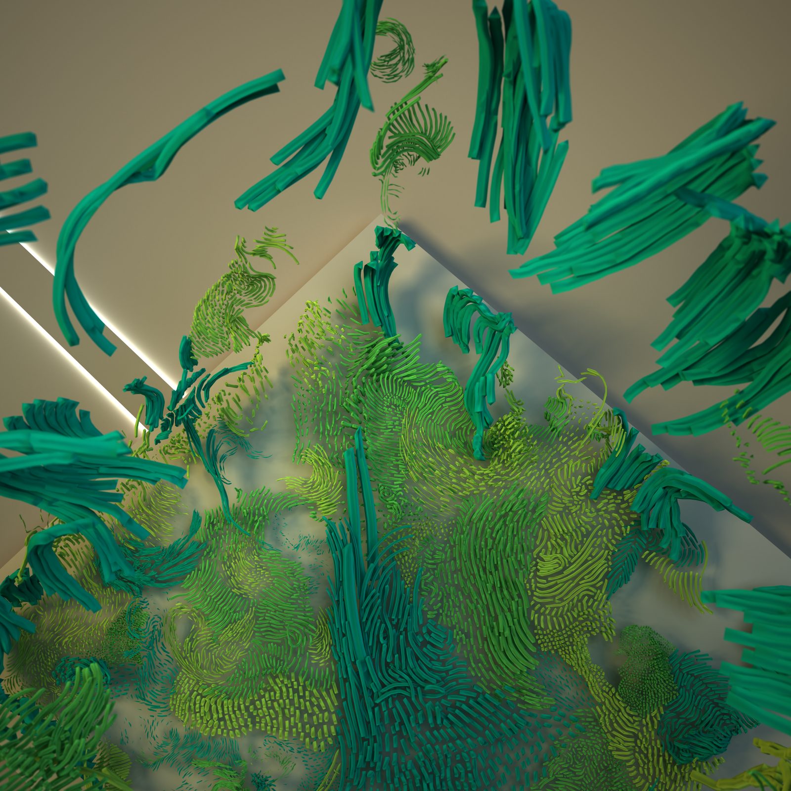 OASIS — detail view showing teal spiral forms rising above the dense green groundcover, with strip lighting visible on the wall