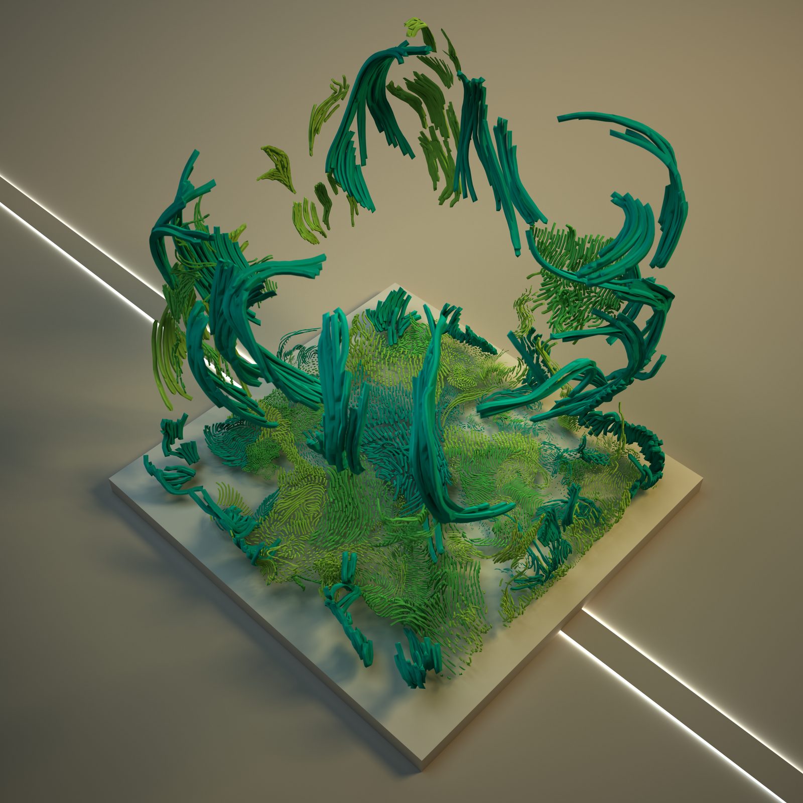 OASIS — a digital garden of green and teal organic forms erupting from a rectangular platform, isometric view with strip lighting