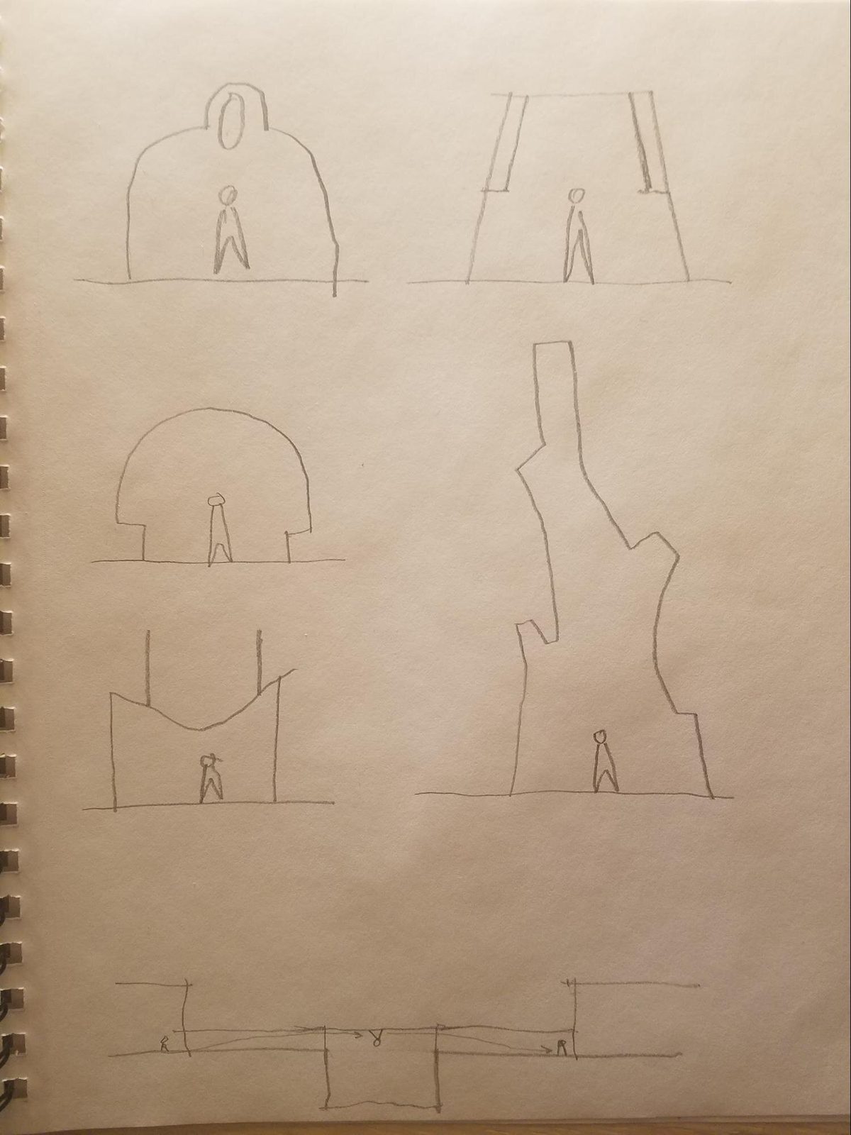 MOR design process — pencil sketches of room sections, domes, towers, spatial studies