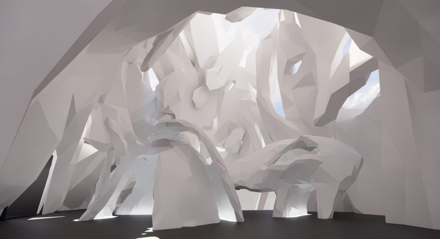 Museum of Other Realities — the grand entrance hall, a faceted white cave-like space with light breaking through angular openings