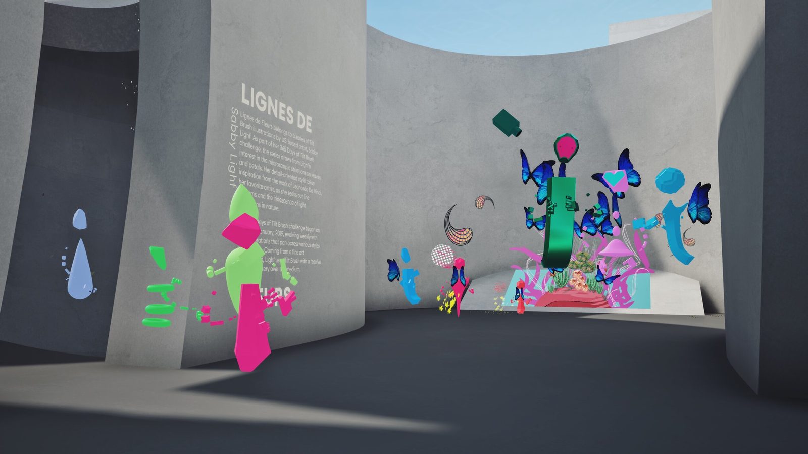 Museum of Other Realities — gallery room with colorful VR artworks installed, curatorial text on concrete walls, blue sky through openings
