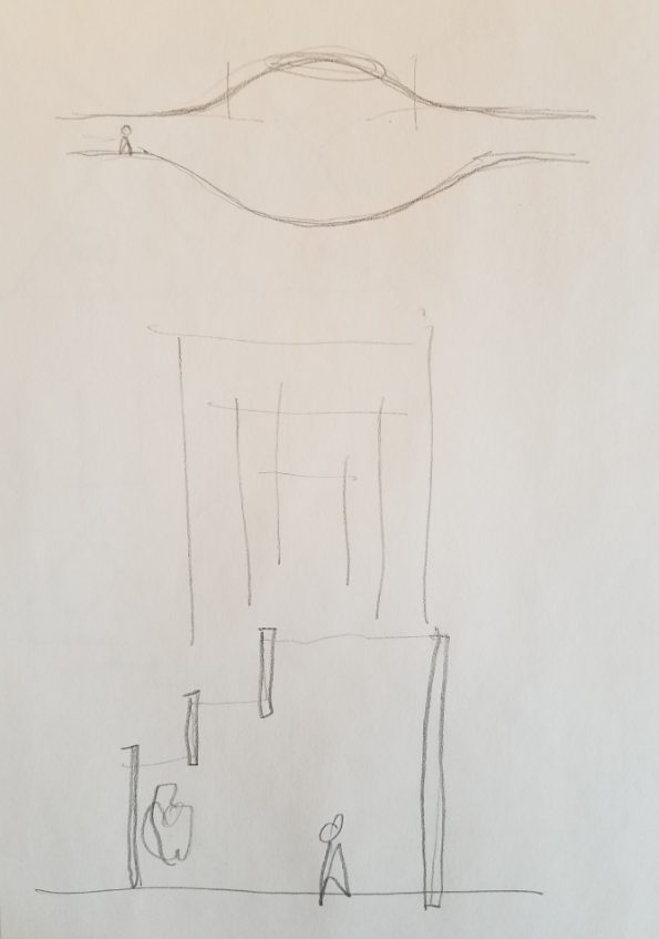 MOR design process — pencil sketch showing section through domed space with human scale figure