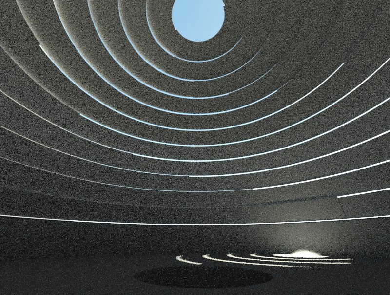 Museum of Other Realities — dramatic domed space with concentric rings converging on a circular oculus, light reflecting on dark floor