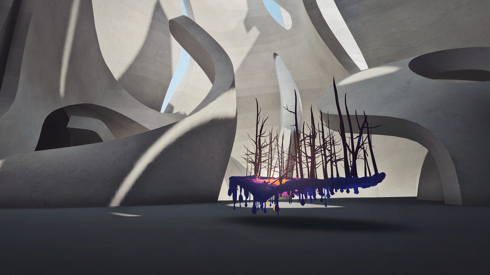 Museum of Other Realities — grand swooping concrete architecture framing a VR forest artwork