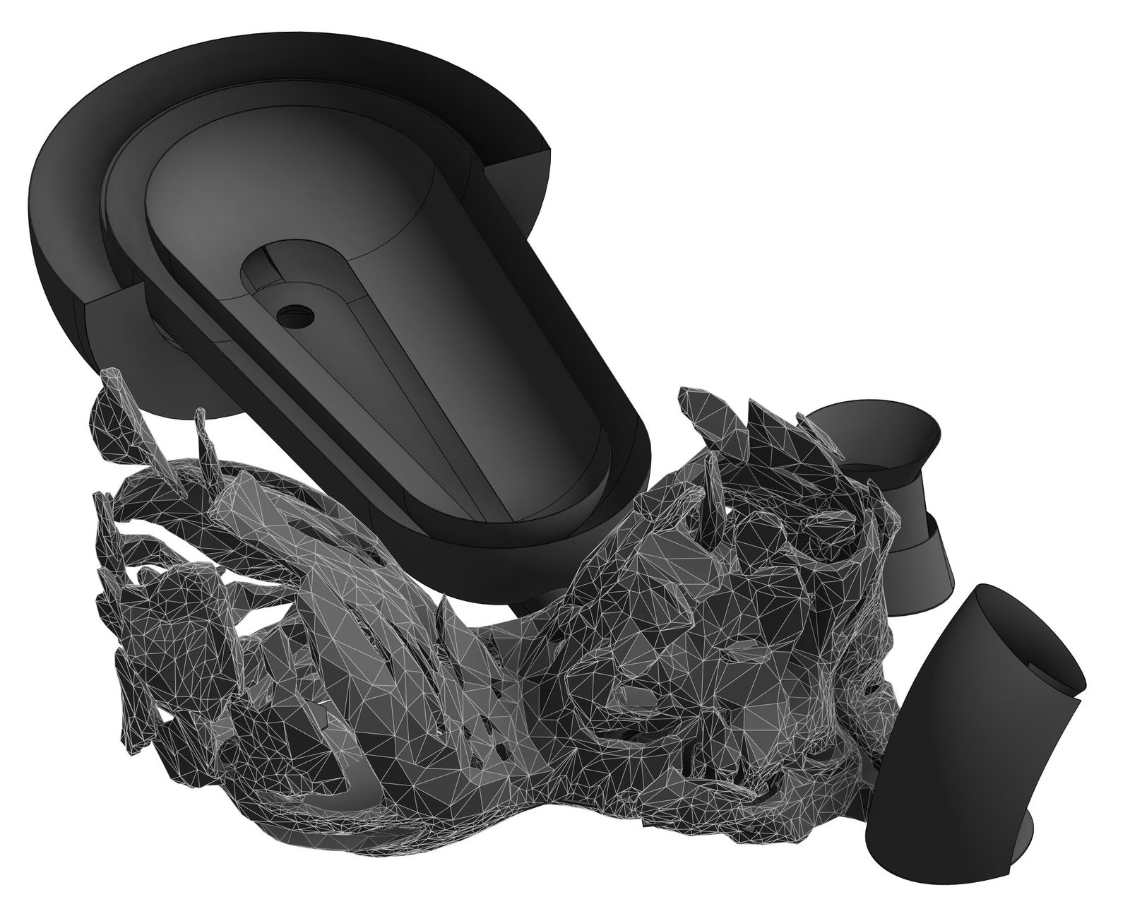 Museum of Other Realities — 3D model showing the hybrid Revit and VR sculpture workflow, wireframe merged with solid forms