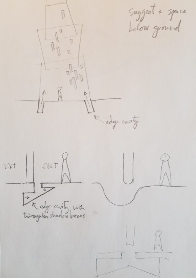 MOR design process — detailed annotated sketches exploring underground spaces, edge cavities, and shadow boxes