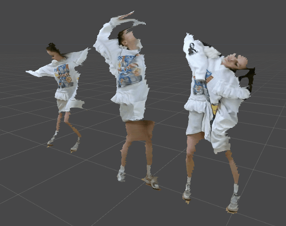 Pretend Play — 3D scanned fashion model, digital artifacts visible, standing in virtual space