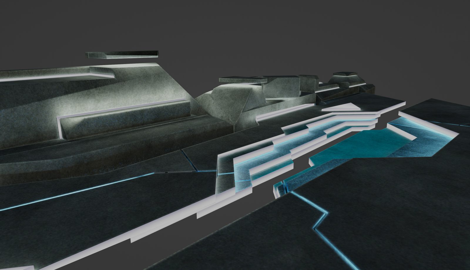 SAT MUTEK Conference Room — wide view of the full rift structure, geological fissure floating in dark void with cyan edge lighting