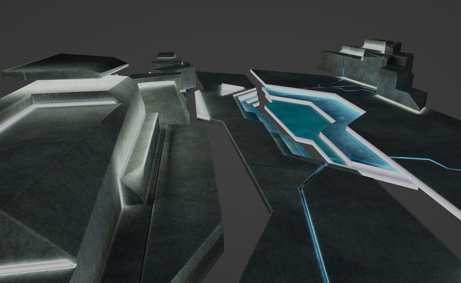 SAT MUTEK Conference Room — angular dark rift with glowing cyan fissures, seen from above