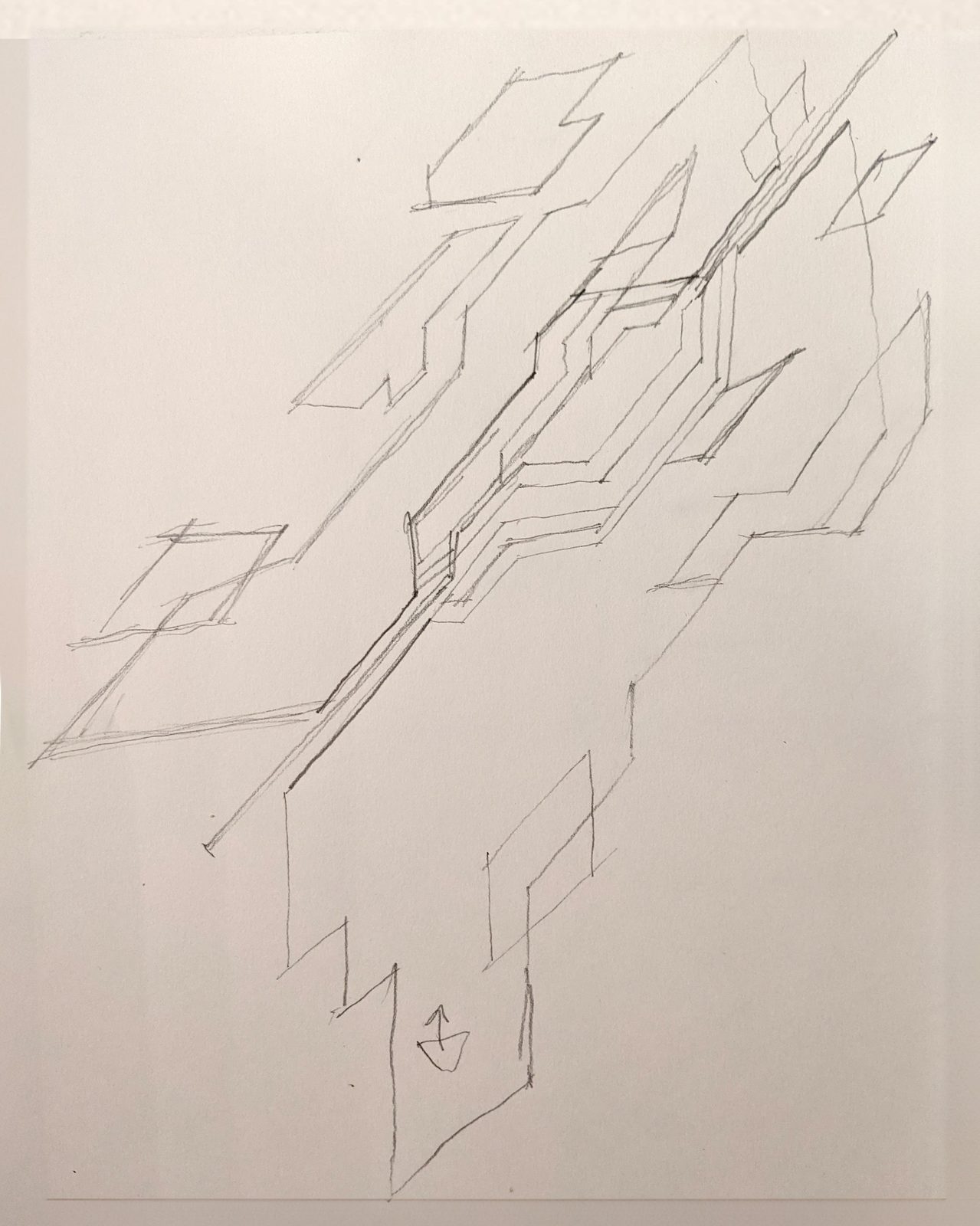 SAT MUTEK design process — pencil sketch showing axonometric perspective of the angular rift structure with branching fissures