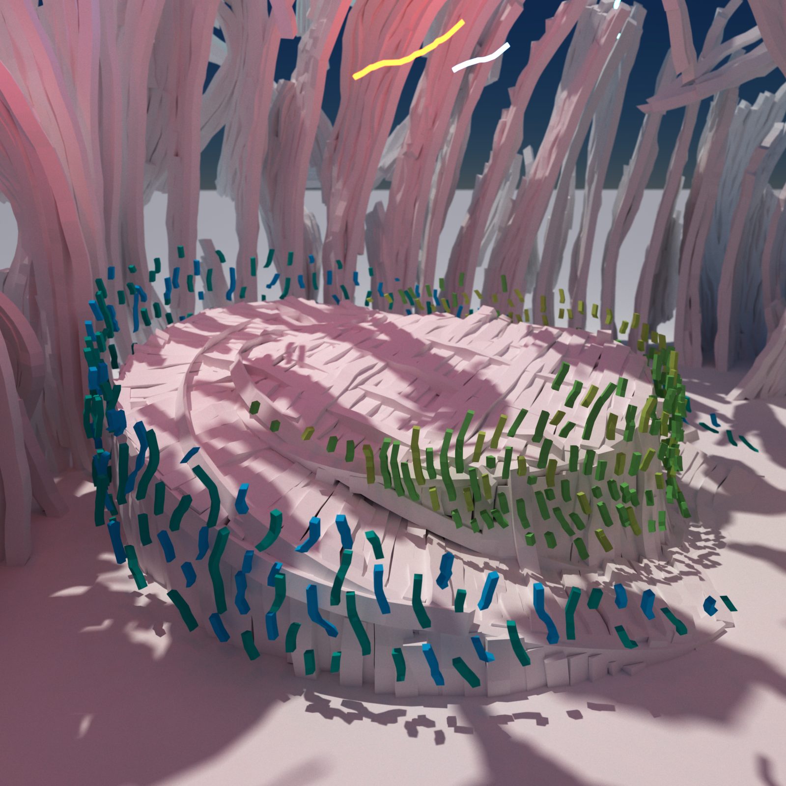 VR Church — detail of colourful confetti-like elements on organic sculpted surfaces, blue and green mosaic texture