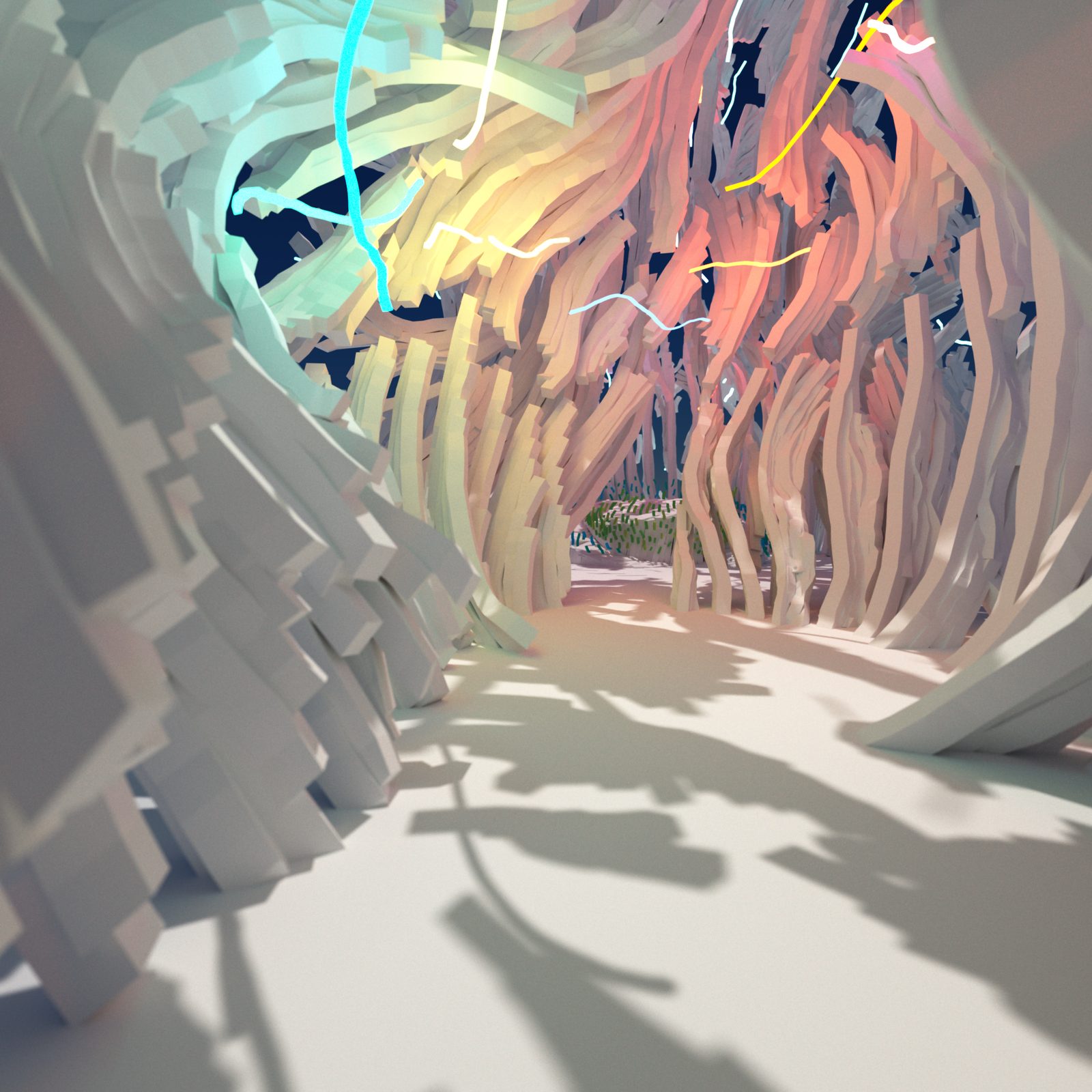 VR Church — interior corridor looking through the pierced facade, colourful neon light traces against undulating organic walls