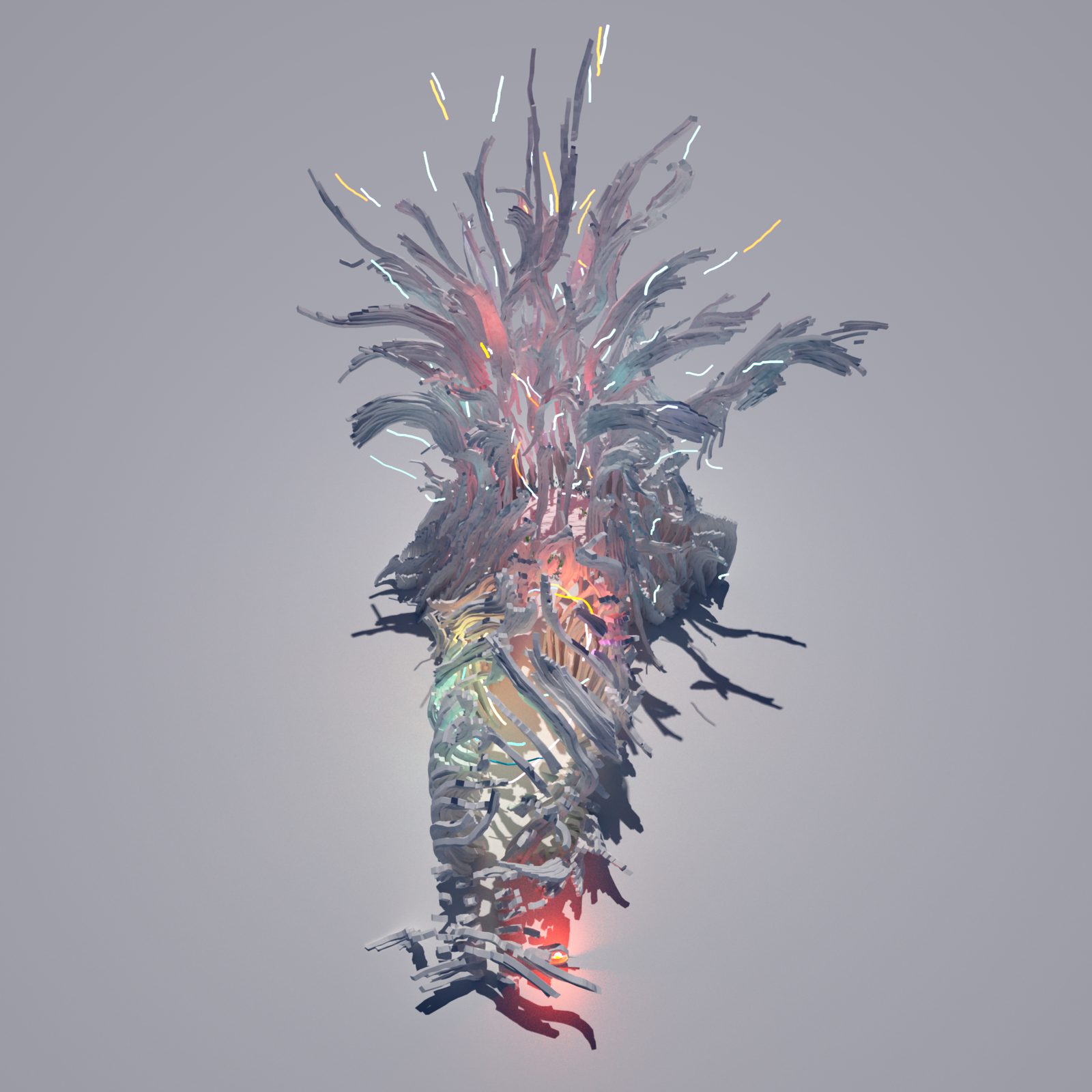 VR Church — full front elevation against grey sky, the organic mass of forms rising like a flaming chalice, internally illuminated